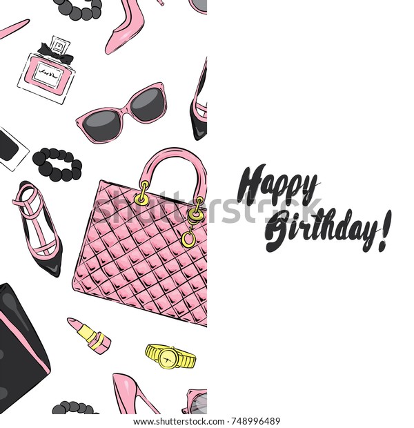 Beautiful Postcard Stylish Female Accessories Bags Stock Vector