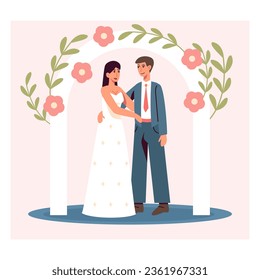 Beautiful postcard with young happy couple. Man and woman hugging each other, standing near marriage arch and celebrate wedding. Flat vector illustration in cartoon style in blue and red colors