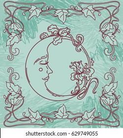 Beautiful poster in art nouveau style with moon, irises and floral frame, vector illustration