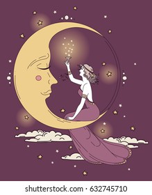 beautiful poster in art nouveau style with party woman and moon in starry sky, can be used for party invitations, lilac colors, vector illustration