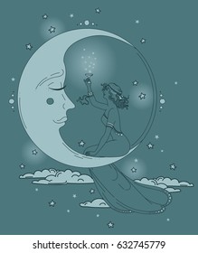 beautiful poster in art nouveau style with party woman and moon in starry sky, can be used for party invitations, vector illustration