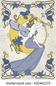 beautiful poster in art nouveau style with fairy woman and moon and floral frame, can be used for party invitations, blue and yellow colors, vector illustration