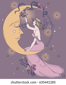 beautiful poster in art nouveau style with party woman and moon in starry sky, can be used for party invitations, lilac colors, vector illustration