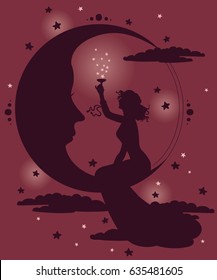 beautiful poster in art nouveau style with woman drinking champagne on night starry background, can be used for party invitations, vector illustration
