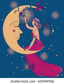 beautiful poster in art nouveau style with party woman and moon in starry sky, can be used for party invitations, vector illustration