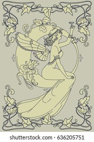 beautiful poster in art nouveau style with fairy woman and moon and floral frame, can be used for party invitations, vector illustration