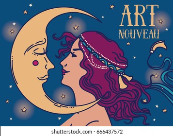 beautiful poster in art nouveau style with woman profile and moon on night starry background, can be used for retro party invitation, vector illustration