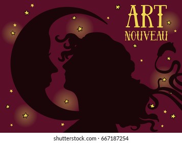 beautiful poster in art nouveau style with woman profile and moon on night starry background, can be used for retro party invitation, vector illustration