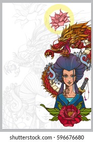 Beautiful poster with an Asian woman in a blue kimono and dragon. Template for posters or leaflets with a girl samurai.