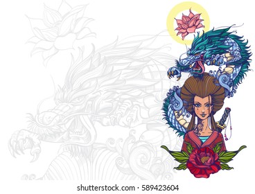 Beautiful poster with an Asian woman in a red kimono and dragon. Template for posters or leaflets with a girl samurai.