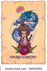 Beautiful poster with an Asian woman in a red kimono and dragon. Template for posters or leaflets with a girl samurai on the background of old parchment.