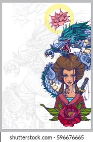 Beautiful poster with an Asian woman in a red kimono and dragon. Template for posters or leaflets with a girl samurai.