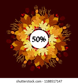 Beautiful poster for autumn with many different leaves, Briar, brunches, vector illustration can be used for some print or poster, flat cartoon illustration