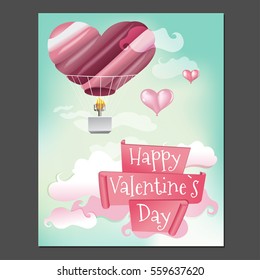 Beautiful poster with balloon heart and text Happy Valentine`s Day on pastel sky. Vector illustration.