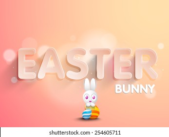 Beautiful poster or banner design with cute bunny holding eggs on shiny background for Happy Easter celebration.