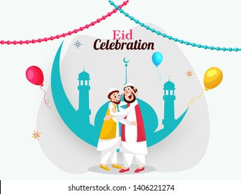 Beautiful poster and banner design with illustration of young men hugging each other and giving gift in occasion of Islamic Festival Eid Mubarak.