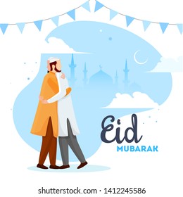 Beautiful poster and banner design with illustration of young men hugging each other in occasion of Islamic Festival Eid Mubarak.