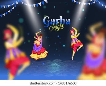 Beautiful poster or banner design with illustration of couple dancing on occasion of Garba Night party celebration concept.