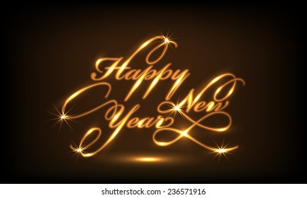 Beautiful poster or banner design with shiny golden text Happy New Year on brown background.