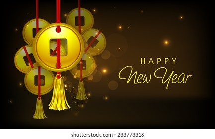 Beautiful poster or banner design with traditional Chinese coin hanging on shiny brown background for Happy New Year celebrations.