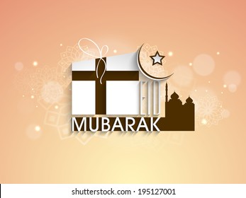 Beautiful poster, banner or flyer design with gift box, mosque and crescent moon on shiny orange background for celebration of muslim community festival.