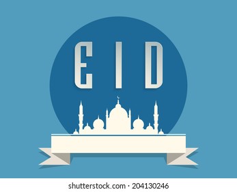 Beautiful poster, banner or flyer design with white mosque on blue background for Eid Mubarak festival celebrations. 