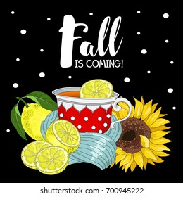 Beautiful poster with a Cup of tea and lemon. Vector illustration.