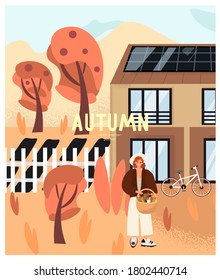 Beautiful poster with eco-house, vegetable garden, bike and joyful young woman with a basket of vegetables. Autumn harvest and vegetable garden. Vector flat illustration in cartoon style.
