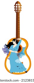 A beautiful poster with a flamenco dancer girl in a long blue dress and a manton that looks like a flying bird against the background of a huge stylized guitar.