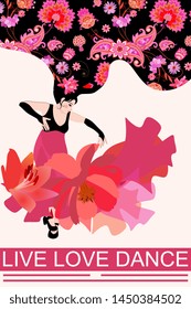 Beautiful poster with flamenco dancer in red dress and text " Live, Love, Dance".