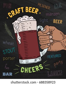 Beautiful poster of the glass of craft beer on the chalkboard background. Cheers