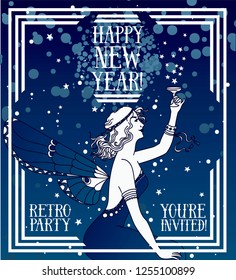 beautiful poster for happy new year in art deco style with fairy woman drinking champagne, blue night and snow, vector illustration