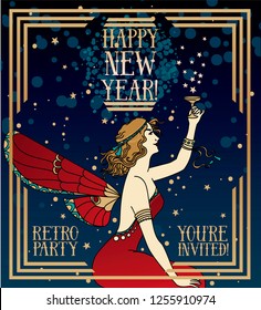 beautiful poster for happy new year in art deco style with fairy woman in red dress, vector illustration