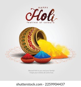 Beautiful poster for Indian festival Happy Holi with color pot background. vector illustration design