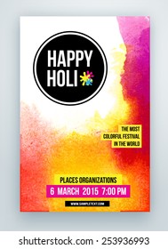 Beautiful poster for Indian festival Happy Holi with colorful watercolor blots.