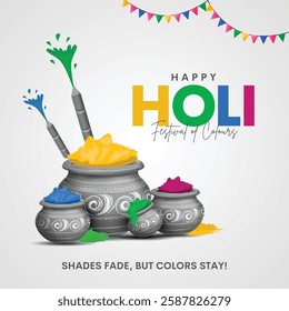 Beautiful poster for Indian festival Happy Holi with color pot conceptual background. abstract vector illustration design