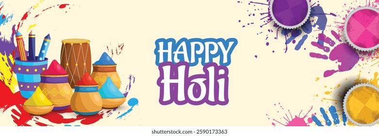 Beautiful poster for Indian festival Happy Holi with color pot background. abstract vector illustration design