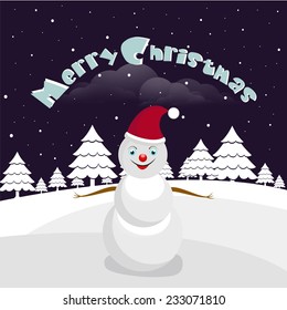 Beautiful poster for Merry Christmas with cute snowman, snow covered X-mas tree and stylish text on winter night background.