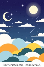 Beautiful poster with moon in starry sky. Baby's room with stars, clouds 2d art