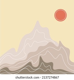 Schönes Poster mit Bergen und roter Sonne bei Sonnenuntergang. Die Einrichtung ist modern und modern. Gemütliches Wohndesign.