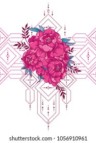 beautiful poster with peonies an geometrical dots decoration, can be used for tattoo or as party invitation, vector illustation 