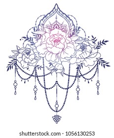 beautiful poster with peonies an mehndi style decoration, can be used for tattoo or as party invitation, vector illustation 