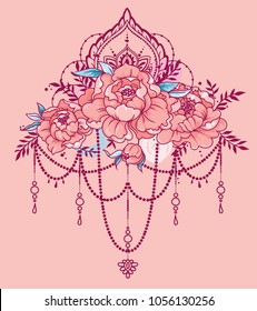 beautiful poster with peonies an mehndi style decoration, can be used for tattoo or as party invitation, vector illustation 