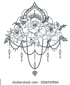 beautiful poster with peonies an mehndi style decoration, can be used for tattoo or as party invitation, vector illustation 
