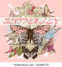 Beautiful poster print with flowers and butterflies in pink colors ideal for T-shirts or greeting save the date cards