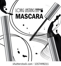 Beautiful Poster for the promotion of cosmetic premium mascara product. Cosmetic ads for packaging  with liquid smear ink elements. Design of New Product. 3d Vector Illustration