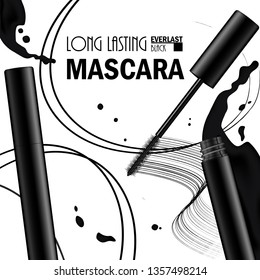 Beautiful Poster for the promotion of cosmetic premium mascara product. Cosmetic ads for packaging  with liquid smear ink elements. Design of New Product. 3d Vector Illustration