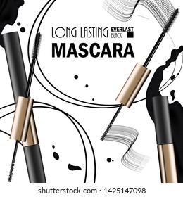 Beautiful Poster for the promotion of cosmetic premium mascara product. Cosmetic ads for packaging  with liquid smear ink elements. Design of New Product. 3d Vector Illustration