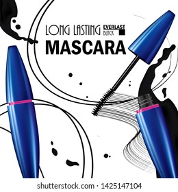 Beautiful Poster for the promotion of cosmetic premium mascara product. Cosmetic ads for packaging  with liquid smear ink elements. Design of New Product. 3d Vector Illustration