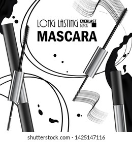 Beautiful Poster for the promotion of cosmetic premium mascara product. Cosmetic ads for packaging  with liquid smear ink elements. Design of New Product. 3d Vector Illustration